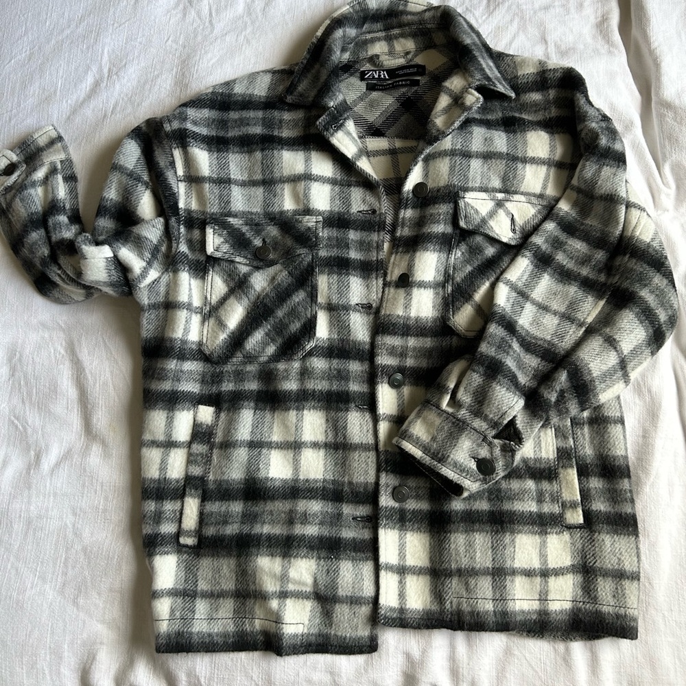 zara black and white wool button up